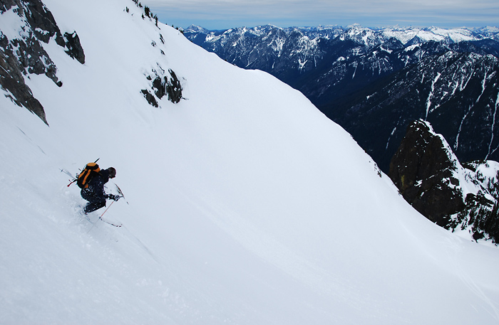 Skiing into the Crooked Couloir